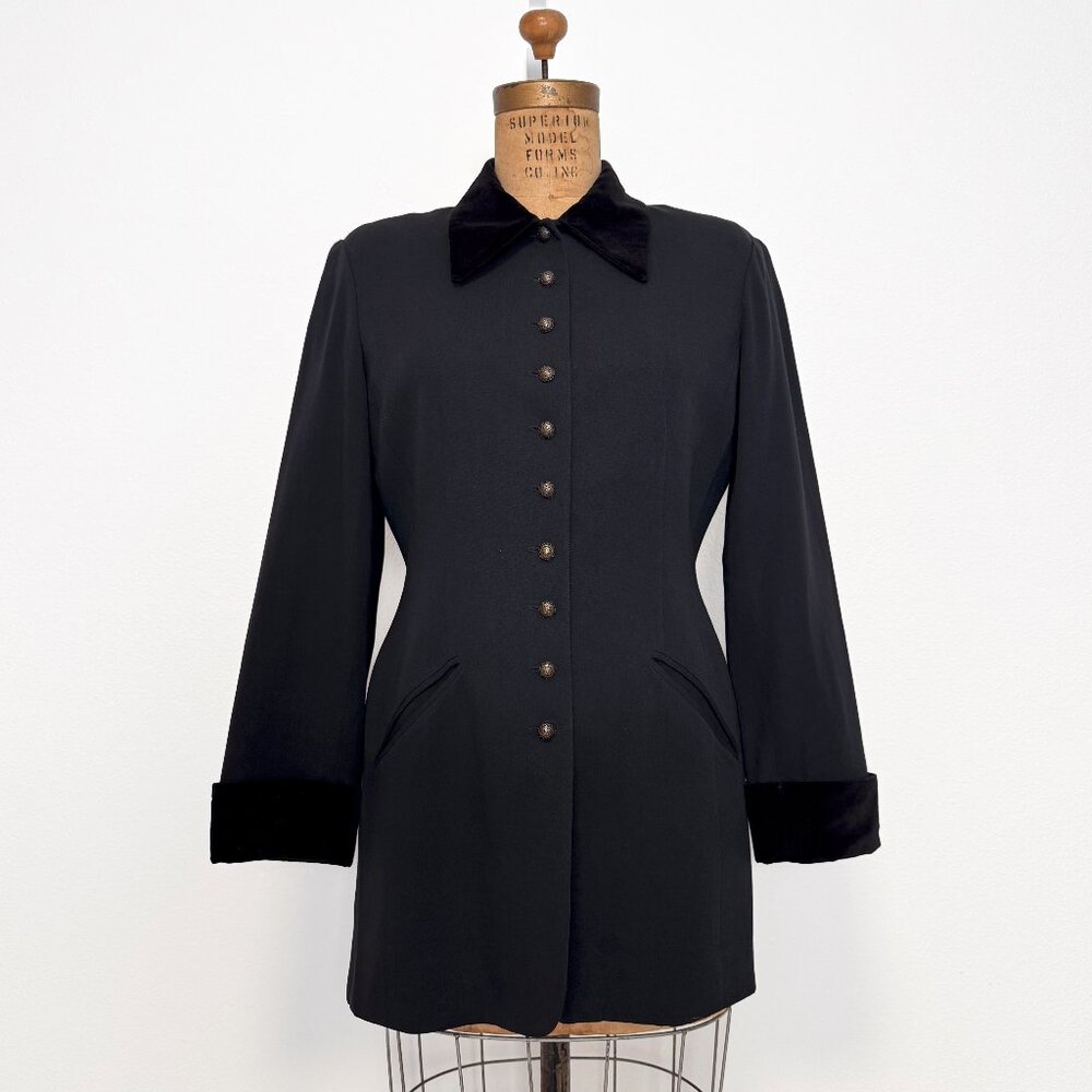 Vintage Express Black Blazer Military Jacket with Velvet Size 7/8 Small